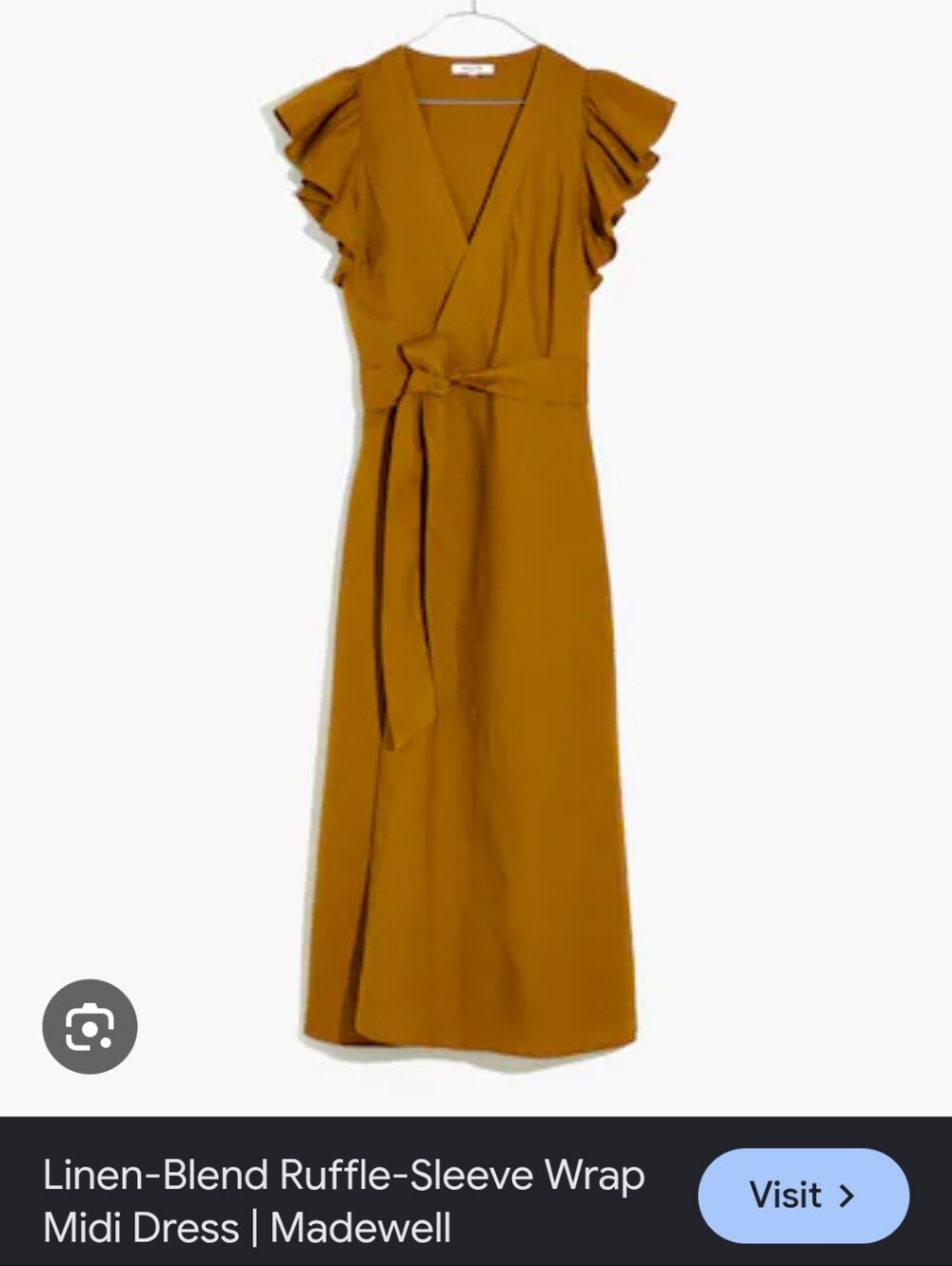 Madewell Linen Blend Ruffle Sleeve Wrap Midi Dress - Antique Gold Mustard - XS
